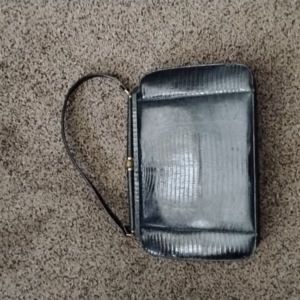 Vintage Mid Century Top Handle Purse Black / Lizard Skin Genuine